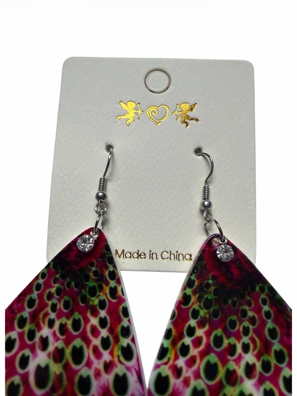 Abstract Peacock Design Rounded Triangle Shape Earrings - Picture 3 of 4